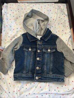 okie dokie Blue Denim Jacket with Grey Hoodie Sleeves
